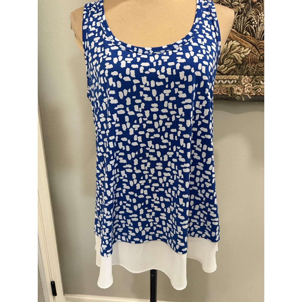 Karen Kane Tank Top Womens Medium Blue White Print Scoop Neck Layered Hem